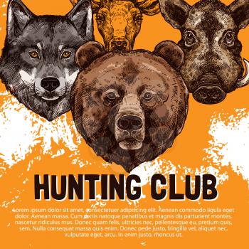 Hunting club sketch poster design template of wild animals for open season. Vector hunter trophy hunt prey of wold, grizzly bear or aper and hog boar for hunting season or wildlife zoo adventure