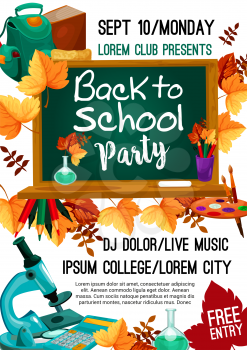 Back to School college party invitation poster for September autumn seasonal school event. Vector design of school bag, books or paint brush and maple leaf, chalkboard and copybook or ruler