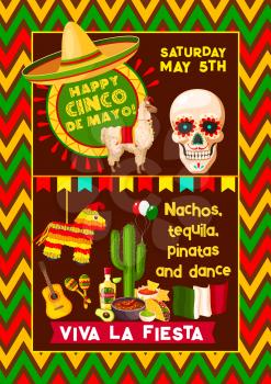 Cinco de Mayo Mexican fiesta party poster or Mexico national holiday celebration greeting card. Vector design of traditional Mexican flag or sombrero and skull, guitar and cactus tequila and guitar