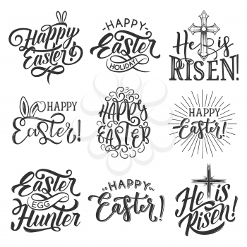 Easter badge set for Spring Holiday celebration template. Easter rabbit ear, egg and crucifix cross with ribbon banner and festive lettering for egg hunt party and He is Risen label design