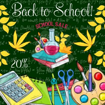 Back to School sale poster of school bag and lesson stationery for September promo offer. Vector sketch school book or notebook and mathematics calculator, pencil and autumn maple leaf on chalkboard