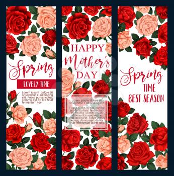 Mother Day flower greeting card and Spring Holiday floral banner set. Blooming roses with red and pink flower, green leaf and branch with floral bud for Spring Holiday celebration design