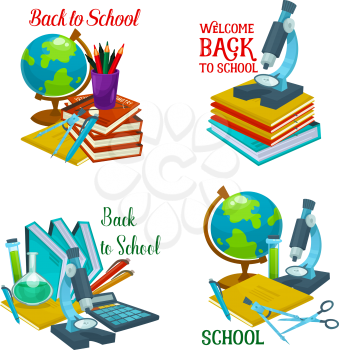 Back to school icon with school supplies. Book and pencil with pen, globe and calculator, scissors, notebook and microscope, laboratory tube and flask isolated symbol for education themes design