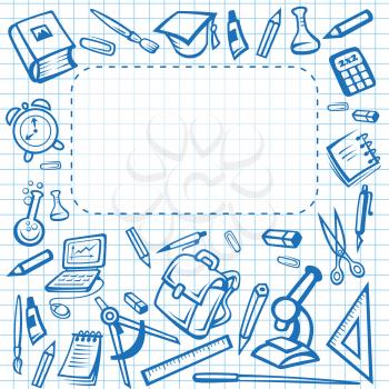 School poster of education stationery supplies book, pencil or pen and ruler, computer or microscope and ruler on copybook page pattern background. Vector September Back to School design