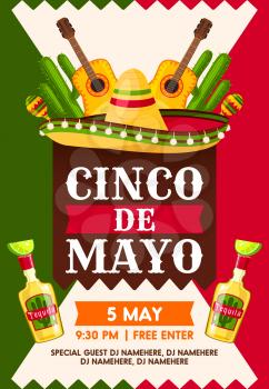 Mexican Cinco de Mayo holiday fiesta party banner template. Sombrero hat, maracas and tequila bottle, flamenco guitar and cactus invitation card design with flag of Mexico on background