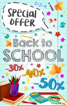 Back to School sale or special promo poster of study supplies and stationery on checkered sketch background. Vector sketch school book, pen or pencil and ruler stationery, world map and paintbrush