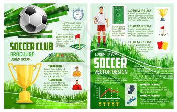 Soccer club or football sport game brochure design template for championship cup or soccer college league. Vector football golden cup, team champion information and goal score results for match