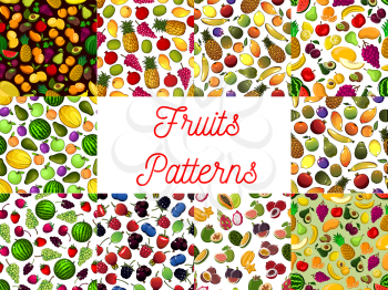 Fruit and berry seamless pattern set with fresh strawberry, apple, cherry, banana, orange, pineapple, lemon, raspberry, pear, kiwi, watermelon, grape, mango, papaya, carambola, plum, peach