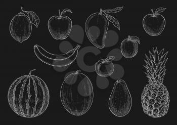 Fruits chalk sketch icons on chalkboard. Vector isolated set of lemon citrus, apple or pear and exotic pineapple, watermelon or melon and tropical kiwi or mango, farm harvest banana or peach and plum