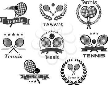 Tennis sport club vector icons set for team tournament or championship games. Isolated symbols of tennis ball and crossed rackets with laurel wreath or ribbon, crown and stars