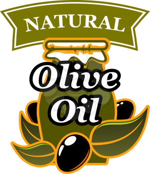 Olive oil natural cooking product icon of black olives for extra virgin olive oil. Vector isolated olives and jar pitcher with ribbon for organic oil bottle package label or Italian cuisine design