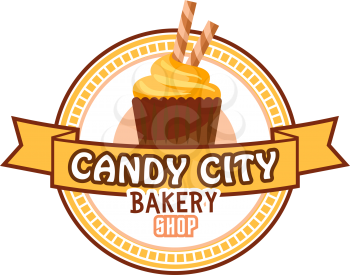 Candy shop or pastry patisserie icon of chocolate cupcake with caramel sticks for cafeteria or cafe menu. Vector design template of sweet cake dessert or pudding torte and biscuit pie for candyshop