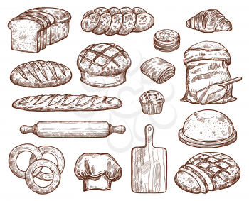 Bakery set with a lot of types fresh bread. Images for bakeshop or bakehouse. Cooking utensils for baking and wheat. Fresh pastry: baguette, croissant, loaf, pancake, bun, cake, bread, bagel. Also wooden board, white flour, and rolling pin.