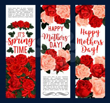 Mothers Day and springtime greeting banners for season holiday wishes. Vector design of red roses and pink flowers bunches of blooming garden blossoms and flourish bouquets
