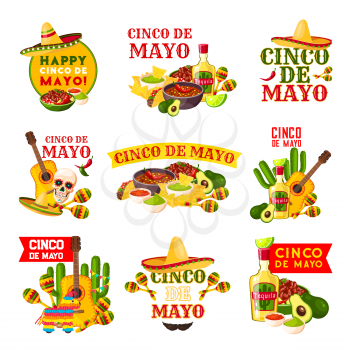 Mexican Cinco de Mayo fiesta party badge. Sombrero hat, maracas and chili pepper or jalapeno, tequila margarita, cactus and guitar, avocado guacamole, nachos and taco icon for mexican holiday design