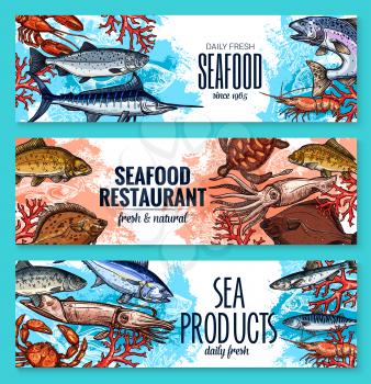 Seafood and fresh fish restaurant or fishery product market sketch banners template. Vector sea food squid, turtle or tuna and shrimp, octopus or lobster crab and trout, ocean sardine and herring