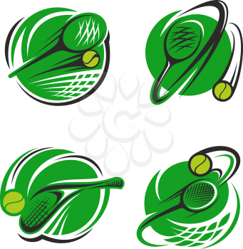 Tennis sport club icons or championship game badge templates for fan club or sport team. Vector isolated labels set of tennis racket and flying ball over green goal net