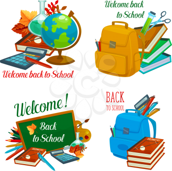 Welcome Back to School icons of school bag and lesson stationery for seasonal education design. Vector chalk, school book or notebook and mathematics calculator, pen or pencil and autumn maple leaf