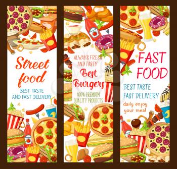 Fast food burgers restaurant or street food cafe banners design for fastfood bistro menu. Vector cheeseburger or hamburger and hot dog sandwich, donut cake and coffee or soda, pizza and fries