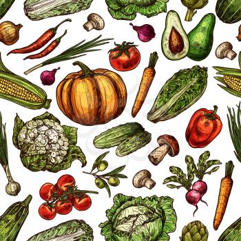 Natural fresh vegetables sketch seamless pattern background of fresh organic farm cucumber or tomato and pumpkin or cabbage. Vector harvest of corn, carrot, mushroom, onion and pepper or potato