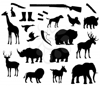 Animals silhouette isolated icons for hunting club. Vector isolated wild animals set and hunt equipment and dog, deer or elephant, African safari lion or rhinoceros, gun and bullets for wild hunting