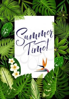 Summer vacation festive banner with tropical jungle leaf and hawaiian flower for exotic summer time holidays template. Green leaf of palm frame with plumeria and strelitzia blossom for travel design