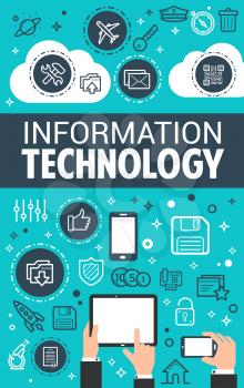 Information technology and internet search content poster for social network and communication. Vector flat design for digital cloud network system of QR code and online icons