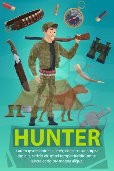 Hunter with rifle, dog and equipment banner. Huntsman in camouflage clothes and cartridge belt standing with gun, knife and compass, binocular, hunting horn, trap and tent for hunting sport design