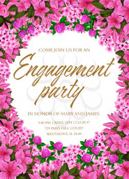 Engagement party invitation template with floral frame. Spring flower border of pink phlox, clover and azalea blossom, green leaf and text layout in center for wedding ceremony themes design