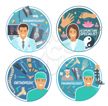Doctor icon set with traumatologist, rheumatologist, orthopedic surgeon and acupuncture specialist. Physician, medical personnel round badge with pill, medicines and instrument for health care design