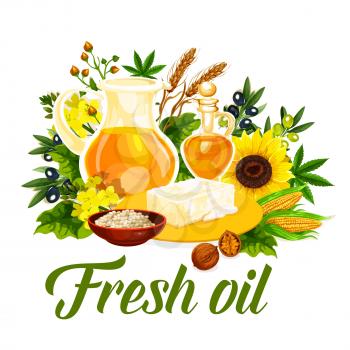 Fresh oil of plants and seeds in bottle or jug poster. Butter and linen seeds, sunflower and corn, olive and hemp, walnut and wheat spikes for liquid food seasoning and cosmetics production vector