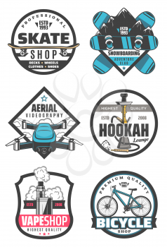 Skate shop and snowboarding, aerial videography and hookah, vape store and bicycle icons with transport and smoking devices or gadget. Entertainment or amusement and active pastime items vector