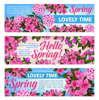 Pink flower banner set for Spring Season holiday celebration. Purple blossom of clover, phlox and azalea flower, green leaf and floral branch festive flyer for Springtime themes design