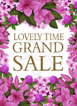 Spring time grand sale poster of blooming flowers for seasonal springtime shopping discount. Vector sale season design of clover and lilac flowers, blooming hibiscus blossom for shop or store discount