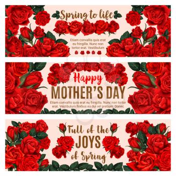 Mother Day greeting banner with spring flower frame. Red rose blossom bouquet and floral wreath festive poster with blooming garden plant, green leaf and flower branch for Springtime holiday design