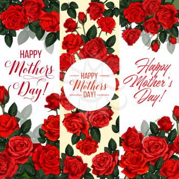 Mother Day rose bouquet greeting card of Springtime season holiday. Red rose flower frame with green leaf and floral bud festive banner design with wishes of Happy Mother Day in center