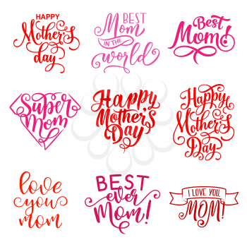 Happy Mothers Day hand drawn calligraphy text for greeting card wishes. Vector Mother Day celebration lettering icons for best mom and I love you heart greetings