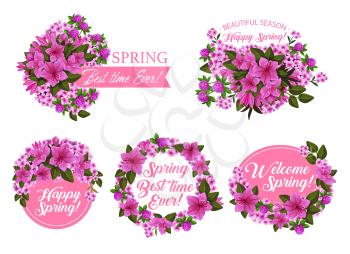 Spring season holiday icon with pink flower wreath and ribbon banner. Springtime blooming garden plant with clover, azalea and phlox blossom, green leaf and floral branch for greeting card design