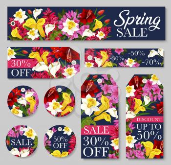 Spring season sale tag and discount offer floral label template. Blooming flower banner with daffodil, tulip and calla lily, azalea and phlox blossom for special price flyer or retail promotion design