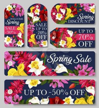 Sale tag of Spring seasonal discount price offer template with flower frame. Blooming daffodil, tulip and calla lily, azalea, phlox and delphinium floral label for retail promotion design