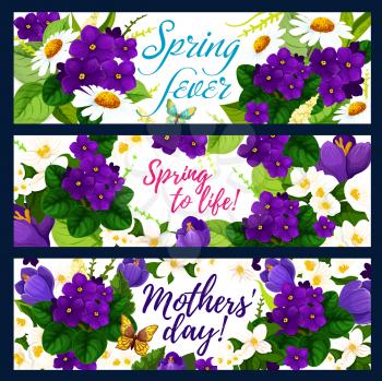 Spring flower with butterfly greeting banner set for Springtime Season and Mother Day holiday design. Chamomile blossom, crocus, violet and blooming branch of jasmine with green leaf festive card