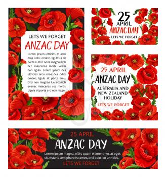 Anzac Day poppy flower memorial card of Australian and New Zealand war soldier. Lest We Forget banner with red floral frame and green leaf for 25 April National Day of Remembrance design