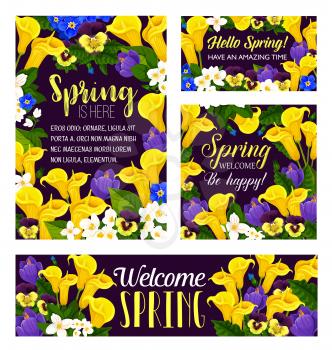 Springtime flowers and wish quotes banners and posters. Vector floral design of blooming orchids, calla lily and crocuses bouquets for spring time seasonal holiday greetings