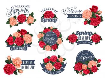Springtime and Mothers Day holiday flower icons of red and pink roses for greeting card. Vector spring time seasonal flowers isolated ribbons on blooming garden roses for Happy Mother Day