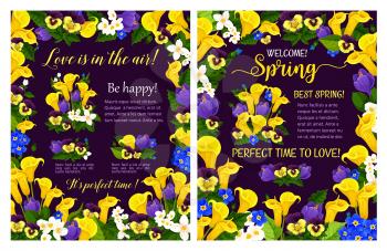 Spring Season festive poster with flower frame and blooming plant bouquet. Calla lily, crocus, pansy and jasmine branch with floral bud and green leaf for Springtime Holiday greeting banner design