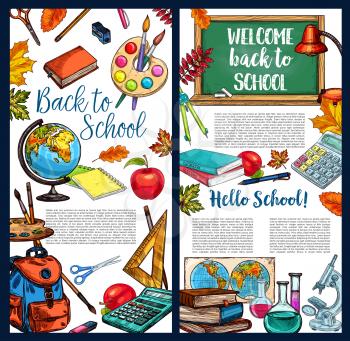 Back to School poster of sketch school bag and lesson stationery and green chalkboard. Vector chalk, school book or notebook and mathematics calculator, pen or pencil with September autumn maple leaf