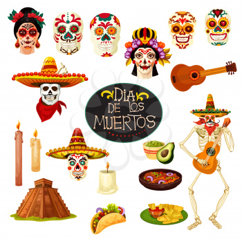 Dia de los Muertos Mexican traditional holiday symbols. Vector cartoon skull with Mexico ornaments, skeleton dancing with banjo guitar and candles for Day of Dead greeting card design
