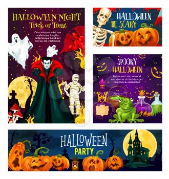 Halloween night party invitation banner set with october holiday horror monsters. Spooky pumpkin, skeleton and ghost, creepy vampire, mummy and devil demon, moon and haunted house festive card design