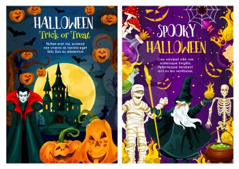 Halloween holiday trick or treat night celebration banner. Pumpkin lantern, bat and spider, ghost house, vampire monster and skeleton, mummy, evil wizard and moon for horror party invitation design