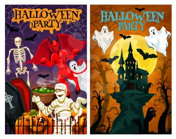 Halloween horror monster banner for night party invitation. Creepy house, ghost and bat, zombie hand, pumpkin lantern and spider net, skeleton, devil demon and mummy for october holiday poster design
